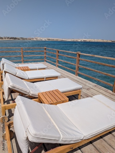deck chairs on the beach Sahl Hasheesh Red Sea Egypt
