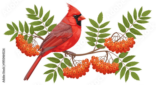 Vibrant Red Cardinal Bird Perched on Rowan Tree Branch with Orange Berries