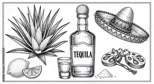 Tequila Bottle, Agave Plant, Sombrero, Shot Glass, Lemon, Salt, Maracas - Hand Drawn Sketch