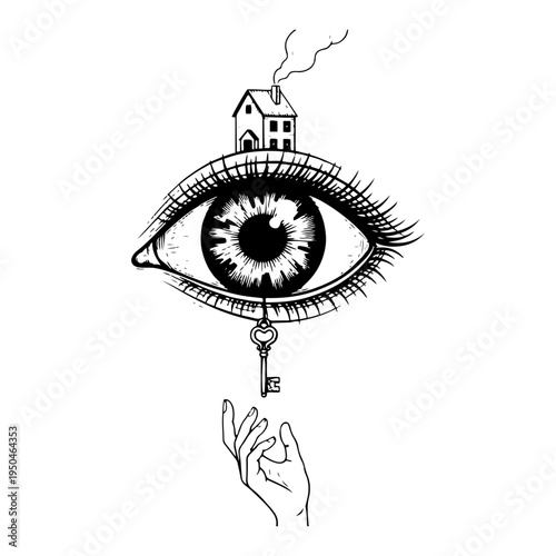 Surreal ink illustration of an eye with a small house and a hand catching a key