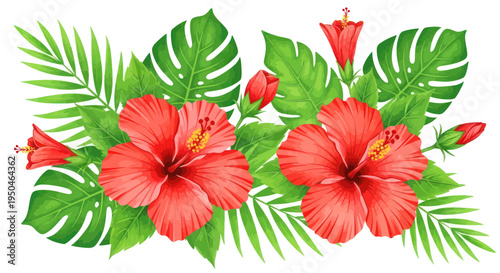 Vibrant Red Hibiscus Flowers with Tropical Green Leaves - Watercolor Illustration