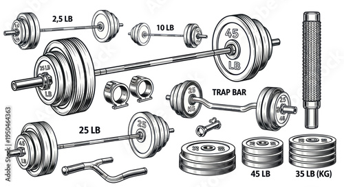 Vintage Weightlifting Equipment Illustration: Barbells, Dumbbells, and Plates