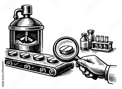 Pharmaceutical production line illustration in vintage engraving style with magnifying glass inspecting pills