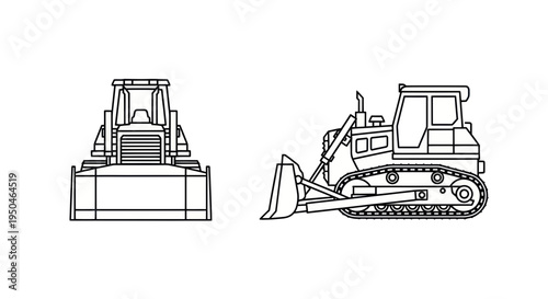 Bulldozer Line Art: Front and Side View of Heavy Construction Equipment