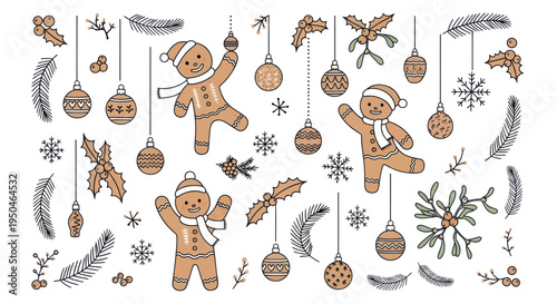 Christmas Gingerbread Man Cookies Decorations, Snowflakes, Pine Branches, Ornaments