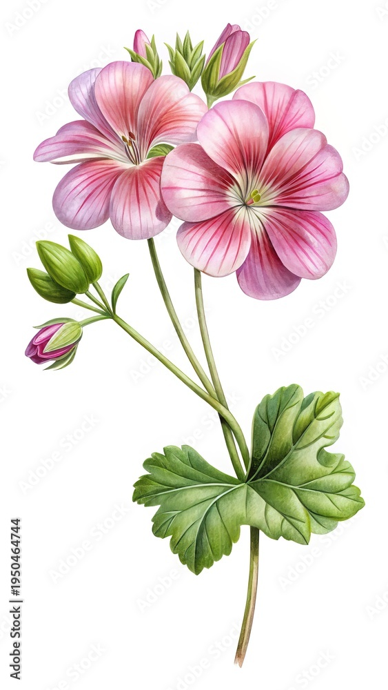 Obraz premium Elegant watercolor painting of a geranium plant with pink flowers and buds