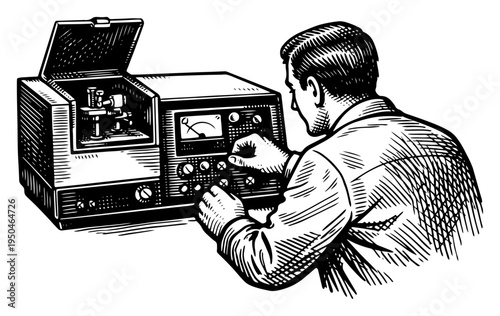 Technician operating vintage electronic laboratory equipment in mid century woodcut style