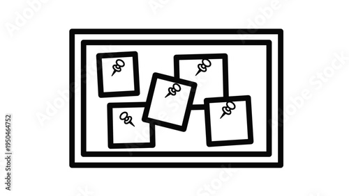 Hand-drawn style black outline icon of a corkboard with five rectangular papers attached with push pins for posting messages.