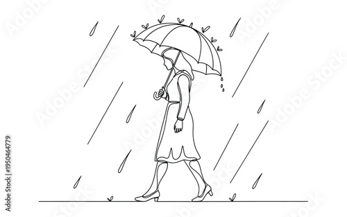 A Woman Walking Alone Under an Umbrella on a Rainy Day with Simple Line Art Style