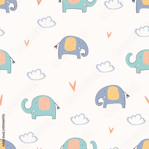 Childish Seamless Nursery Pattern with Cute Hand Drawn Elephants, Clouds, and Hearts. Adorable Animal Theme for Baby Textiles, Kids Fashion, Wallpaper, and Gift Wrapping. Vector Art.