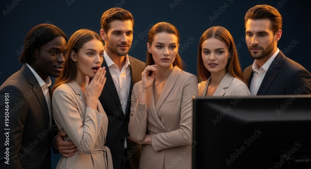 Fototapeta premium Diverse group of professionals gathered around a computer screen with expressions of surprise and concern.