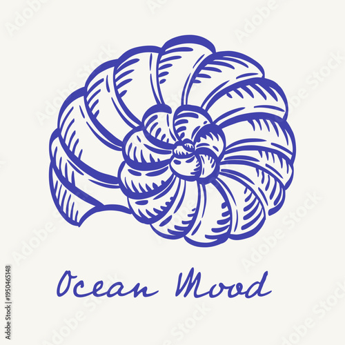 Blue line drawing of a spiral seashell with curved segments and Ocean Mood lettering on light background. Coastal marine illustration for stickers, postcards, prints, summer stationery, and decor.