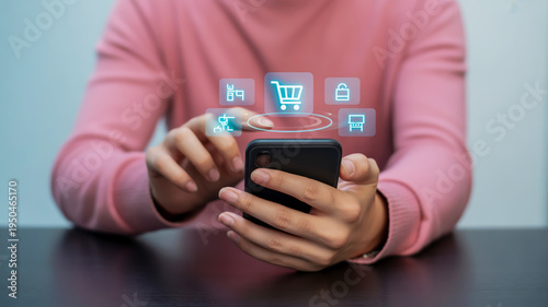 Person holding a phone with shopping icons floating above