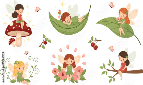 Enchanted Forest Fairy Collection Featuring Cute Pixies, Mushrooms, Leaves, and Floral Elements for Whimsical Children's Book Illustrations and Magical Nature-Themed Designs