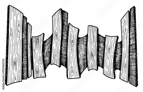 Wavy wooden board wall with perspective in a hand drawn ink sketch style