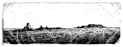 Panoramic landscape view through cracked glass with hand drawn ink hatching