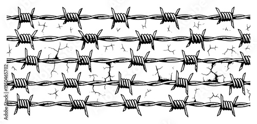 Sharp barbed wire strands over a cracked background in hand drawn ink style