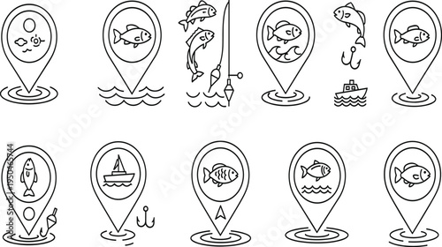Fishing Location Pin Icon Set with Map Markers Featuring Fish Boat Hook and Water Symbols for Travel Navigation Outdoors Mapping and Sport Fishing Apps