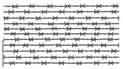 Set of horizontal barbed wire lines in clean engraving style on white background