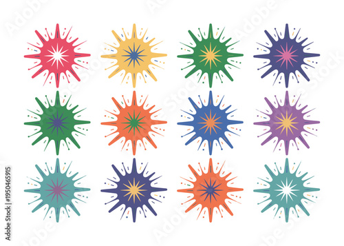 Abstract starburst shapes with paint splash texture and organic brush strokes in colorful star set