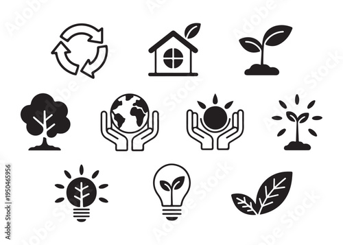 Ecological concept icons featuring planet earth recycling symbol green energy house and plant life