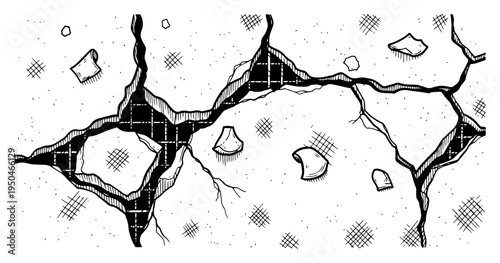 Cracked concrete wall revealing internal grid structure in vintage ink drawing style