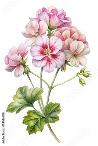 Elegant Watercolor Illustration of Pink and White Geranium Flowers on White Background
