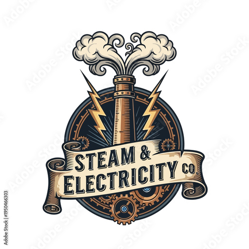 Vintage Steam & Electricity Co. Circular Emblem with Chimney, Lightning Bolts, and Gears on a Light Background