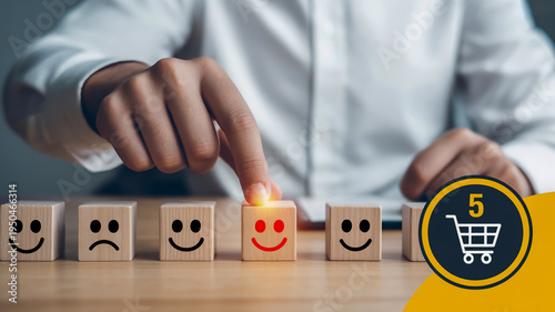 A hand selecting a happy wooden block with glowing effect
