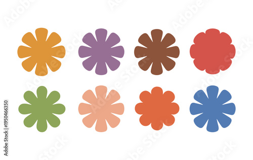 Eight colorful retro flower stickers with thick petals and rounded edges for nostalgic design work