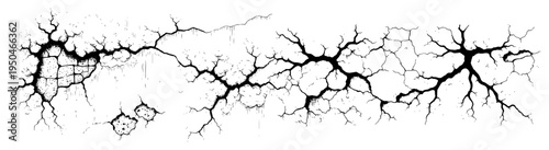 Long horizontal strip of deep cracks in vintage woodcut engraving style