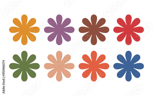 Colorful retro daisy flowers set in vintage 1970s style with vibrant petal shapes on white ground