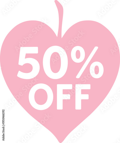 Solid pink heart leaf shape fifty percent off discount sale badge spring blossom promotion graphic flat sticker