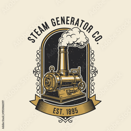 Vintage Steam Generator Company Emblem with Ornate Industrial Engine on a Light Background