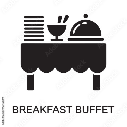 Simple black icon depicts a breakfast buffet setup with dishes and servingware