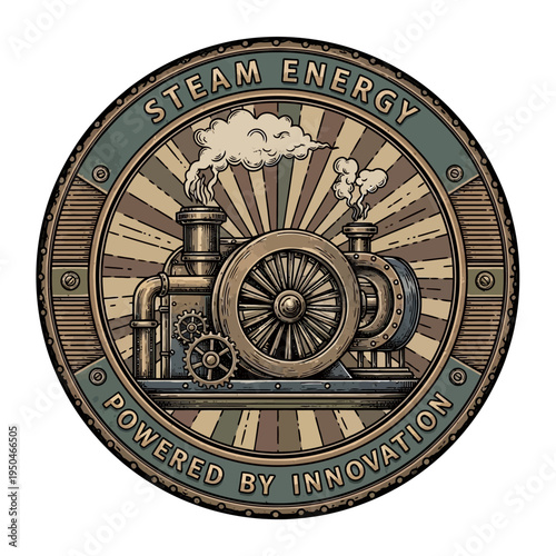 Vintage Steam Energy Badge with Locomotive Wheel and Gears on a Light Background