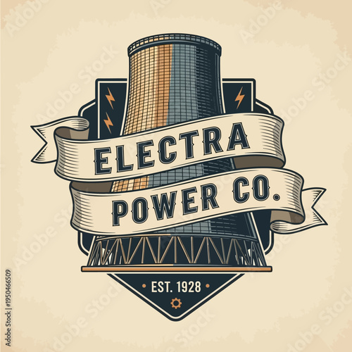 Vintage Electra Power Co. Emblem with Cooling Tower and Lightning Bolts on a Light Background