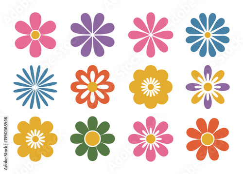 Assortment of stylized flowers in bold colors and flat design aesthetic, cheerful retro vibe