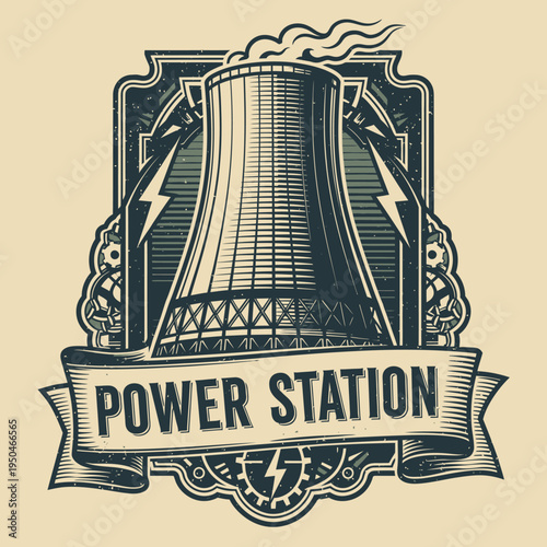 Classic Power Station Logo with Cooling Tower and Lightning Bolts in Ornate Frame on Light Background