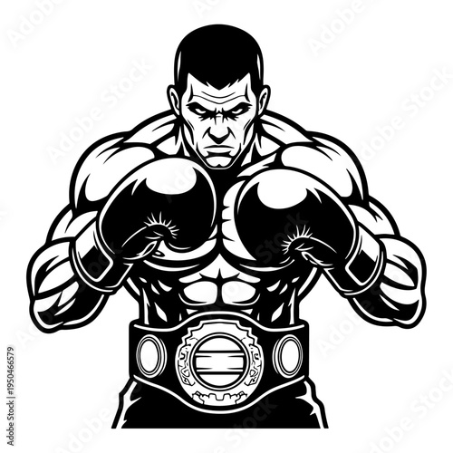 Strong muscular boxing champion wearing gloves and belt in bold black and white mascot style