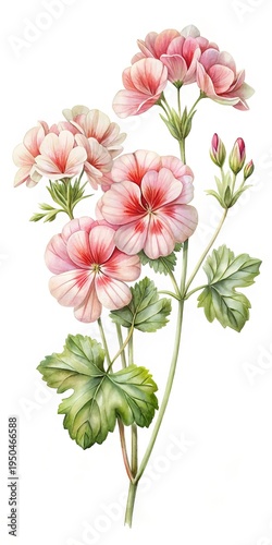 Elegant watercolor illustration of pink geranium flowers with lush green leaves