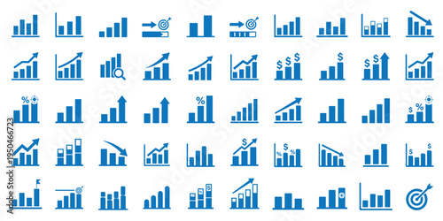 A set of black and white vector icons depicting various business and finance symbols, including bar graphs and arrows. statistic and data, charts diagrams, money, down or up arrow Growth icon set. 