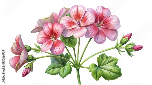 Watercolor Illustration of Pink Geranium Flowers with Buds and Green Leaves on White