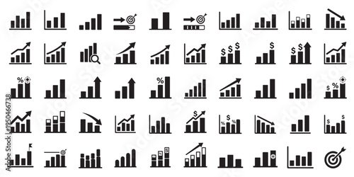 A set of black and white vector icons depicting various business and finance symbols, including bar graphs and arrows. statistic and data, charts diagrams, money, down or up arrow Growth icon set. 