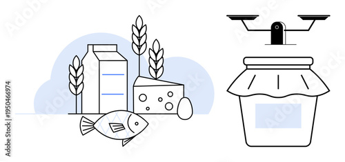 Nutrition, sustainable food, healthy lifestyle, balanced diet, organic products, traditional recipes. Dairy, fish grains and a jar with scales. Nutrition and sustainable food concept