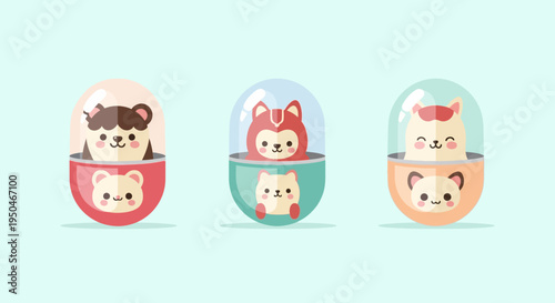 Cute Kawaii Animals in Capsule Toys, Gachapon Style
