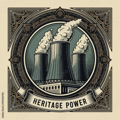 Heritage Power Plant Cooling Towers Logo in Ornate Vintage Frame on Light Background