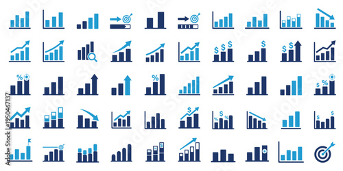 Business chart icon set showing growth and decline trends. Bar graphs with up and down arrows for analytics statistics financial performance revenue increase sales growth profit. Growing and Declining
