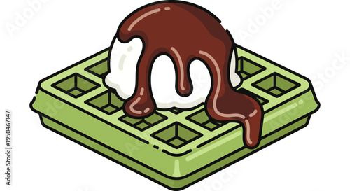 Green Waffle with Vanilla Ice Cream and Chocolate Sauce, Isometric View
