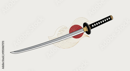 Japanese Katana Sword with Rising Sun Emblem and Crane Illustration